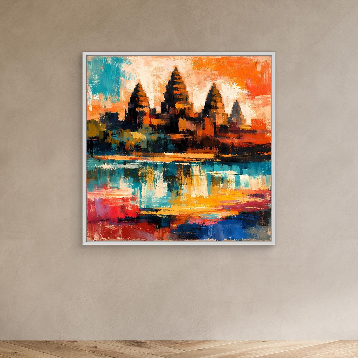 Leinwand-Wandbild mit weißem Rahmen, abstrakte Maya-Pyramide, bunte Orange-Blau-Farbflächen