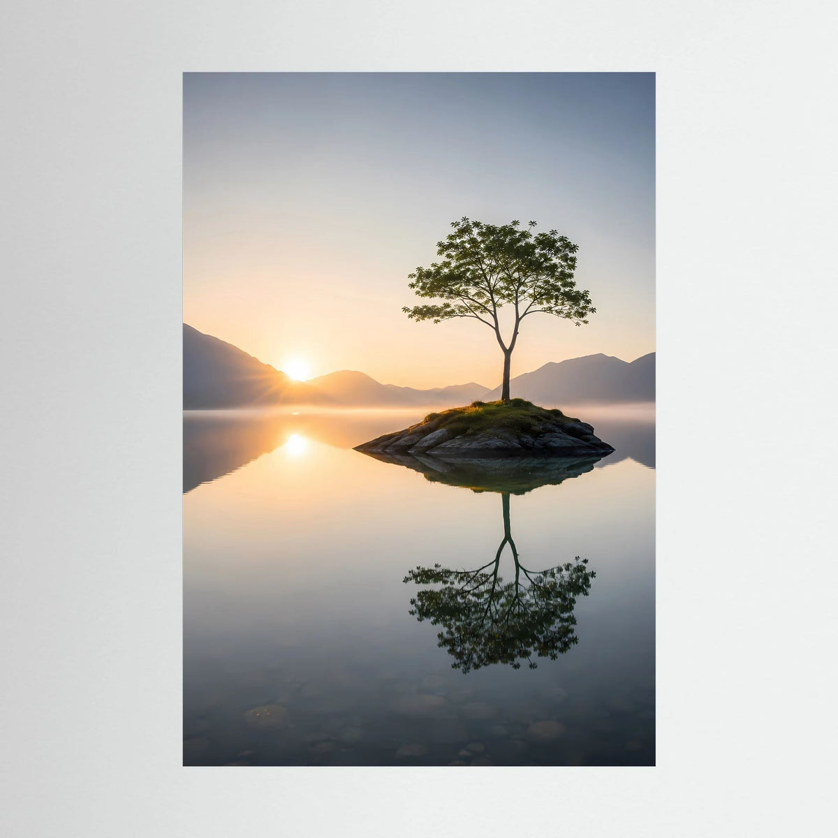 Hochformat-Poster: einsamer Baum auf kleiner Insel im Sonnenaufgang, Spiegelung im See.