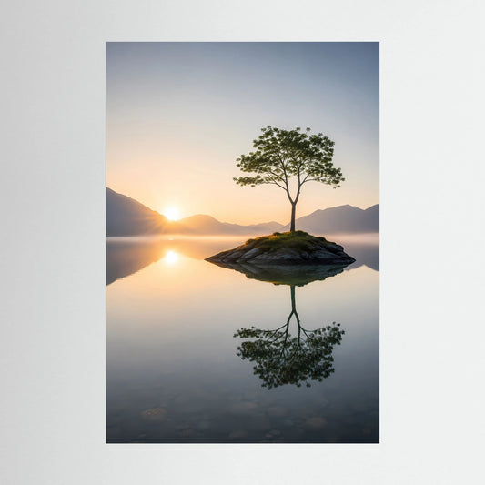 Hochformat-Poster: einsamer Baum auf kleiner Insel im Sonnenaufgang, Spiegelung im See.