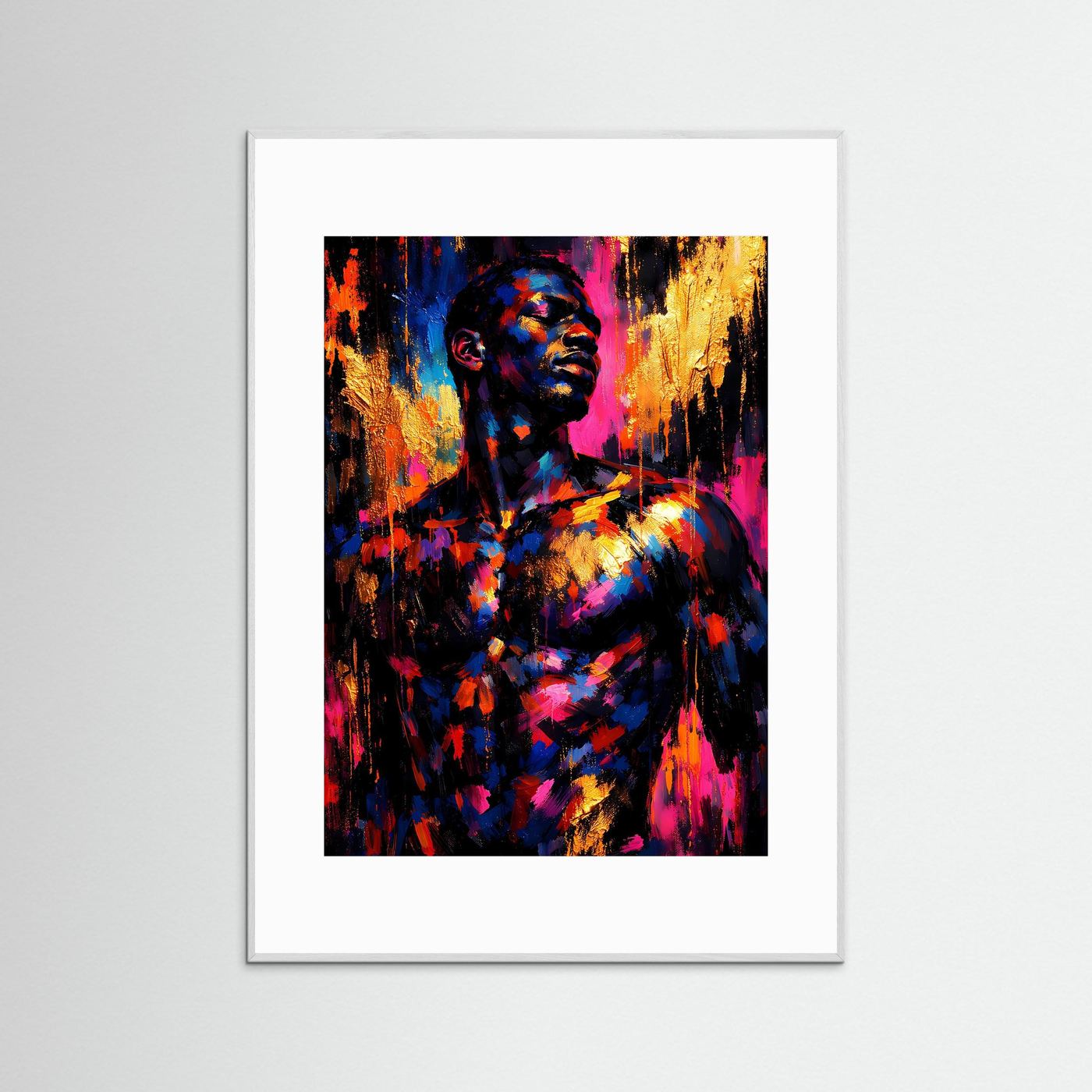 Kunstposter Hochformat: abstraktes Männerporträt in Blau, Magenta & Gold, weißer Rahmen