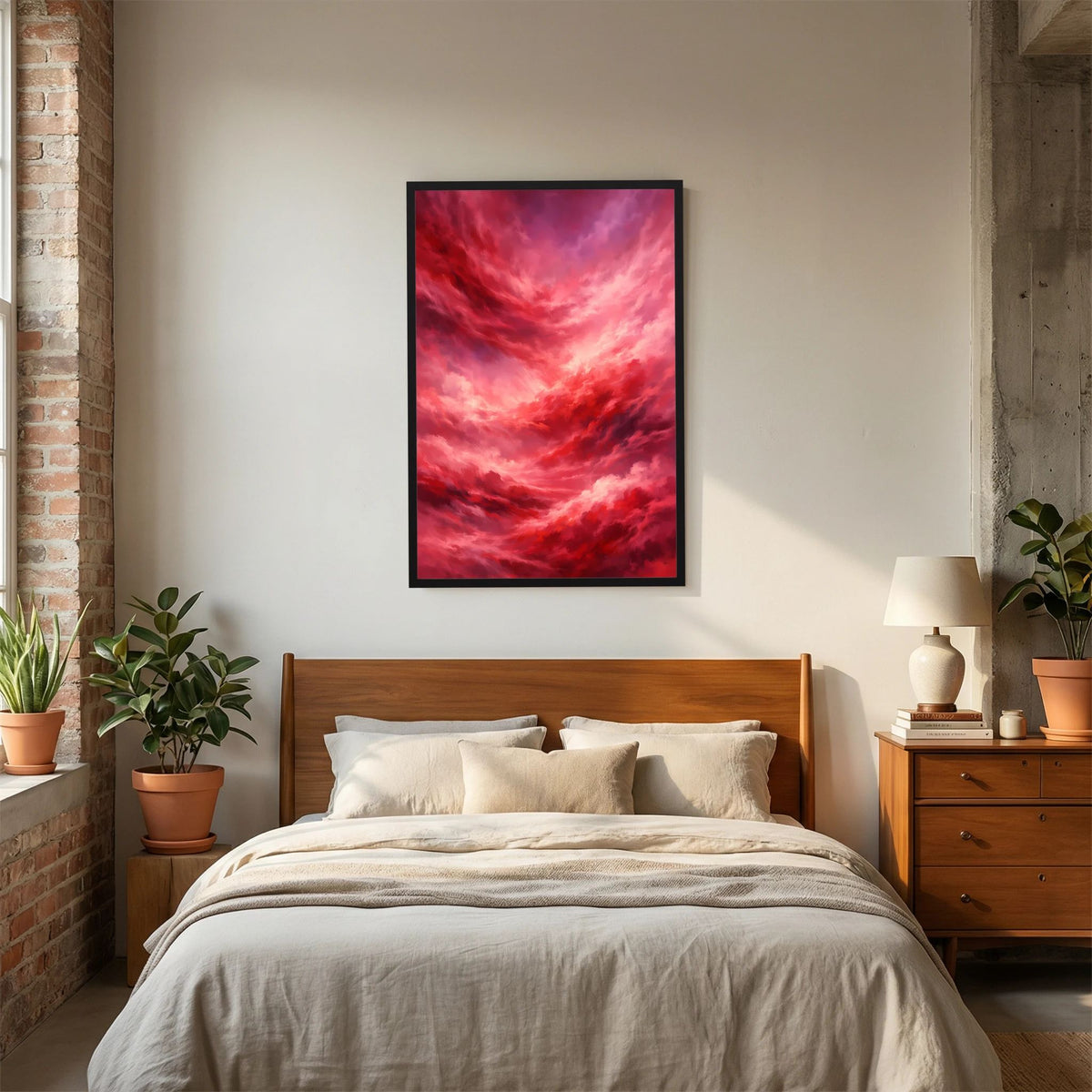 Hochformat-Poster mit rotem Wolkenhimmel, schwarzer Rahmen.
