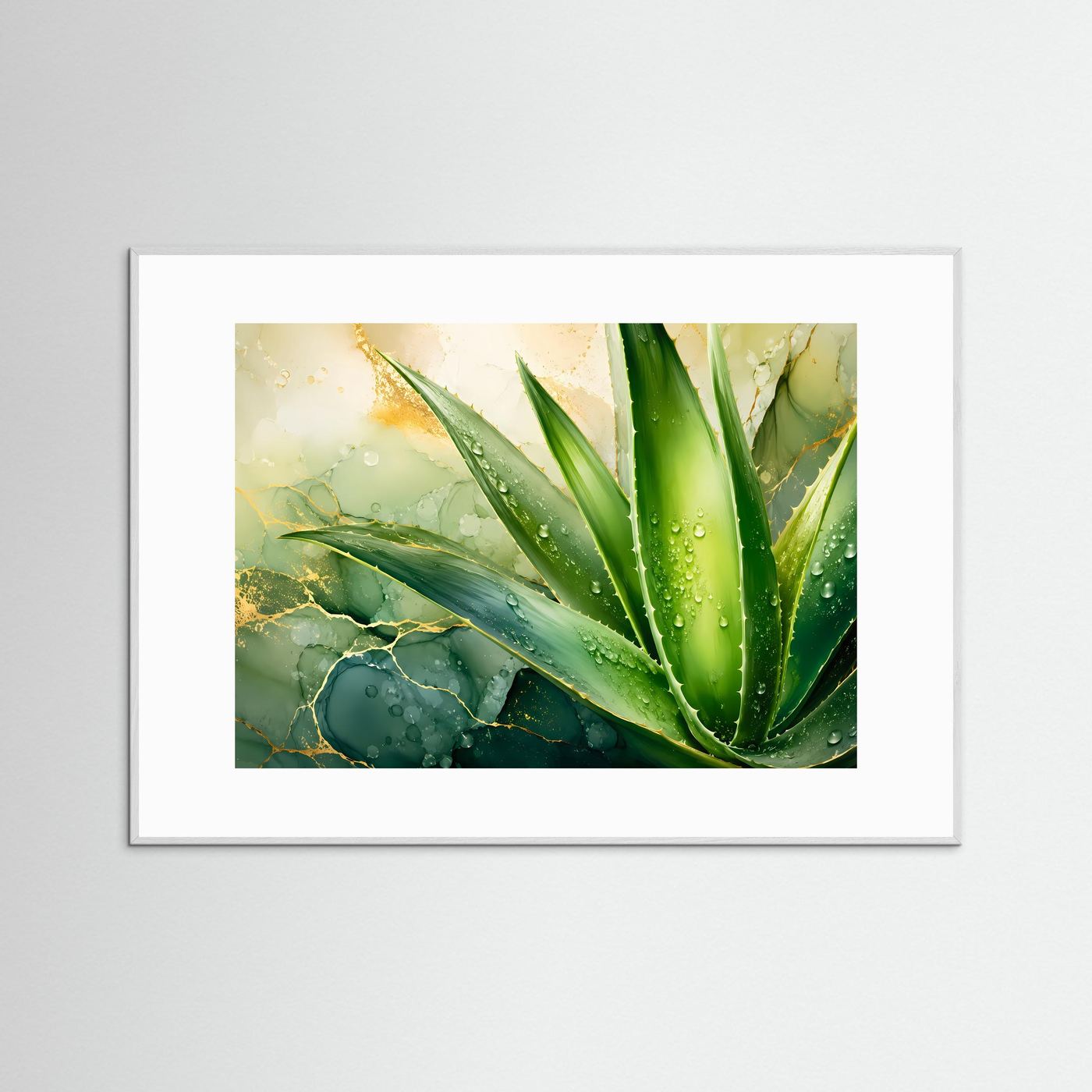 Aloe Vera in Grün & Gold | Botanische Eleganz mit Wassertropfen