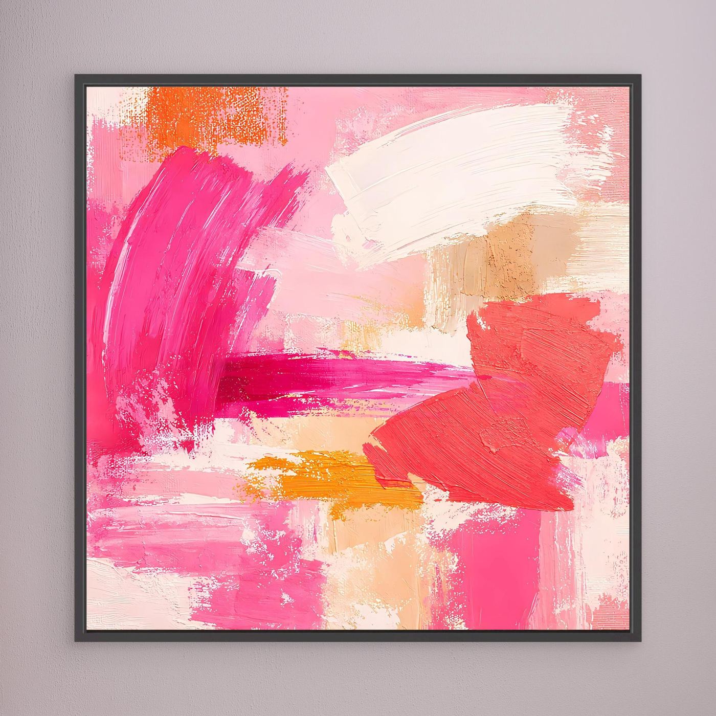 Leinwand-Wandbild mit abstrakten Pastell-Strichen in Rosa, Weiß und Beige im schwarzen Rahmen