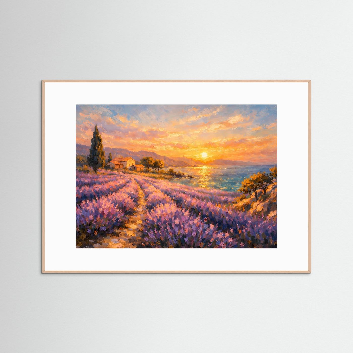 Malerisches Lavendelfeld am Meer bei Sonnenuntergang | Provence Landschaft Wandbild & Kunst Poster Querformat