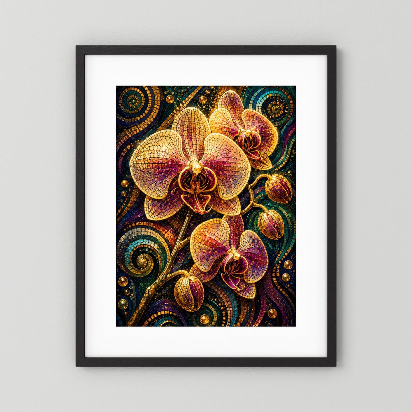 Poster mit Mosaik-Orchideen in Gold und Violett, schwarzer Rahmen mit weißem Rand