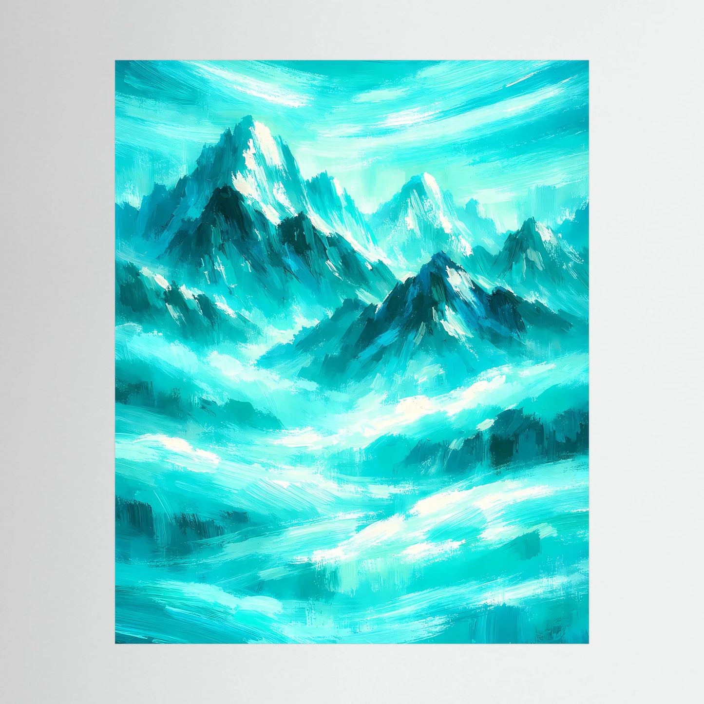 Abstraktes Poster mit türkisfarbenen Berglandschaften und weißen Lichtstreifen