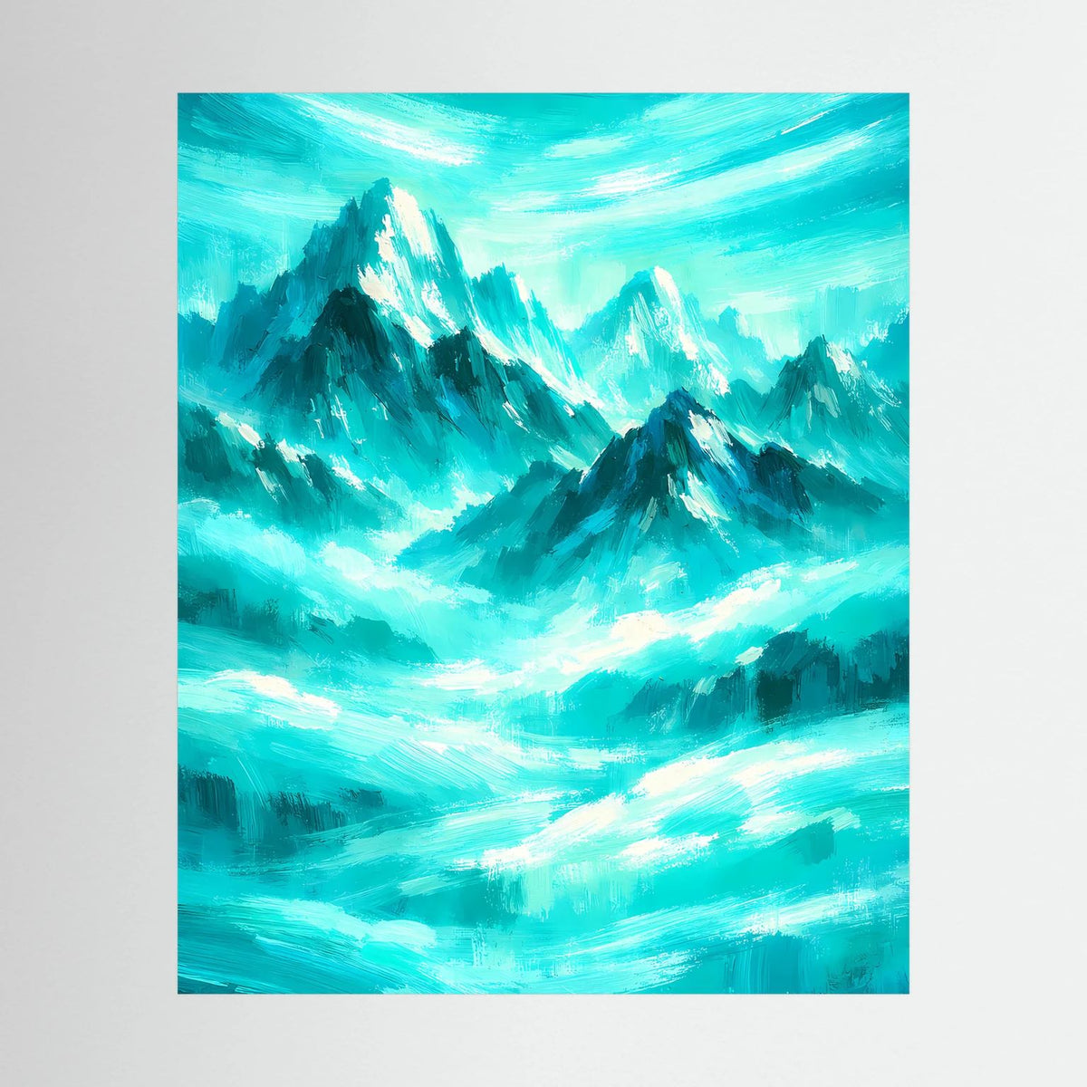 Abstraktes Poster mit türkisfarbenen Berglandschaften und weißen Lichtstreifen