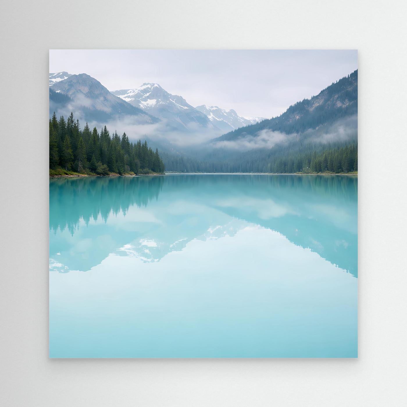 Leinwandbild mit türkisfarbenem Bergsee, Spiegelung und Nadelwald vor Alpen
