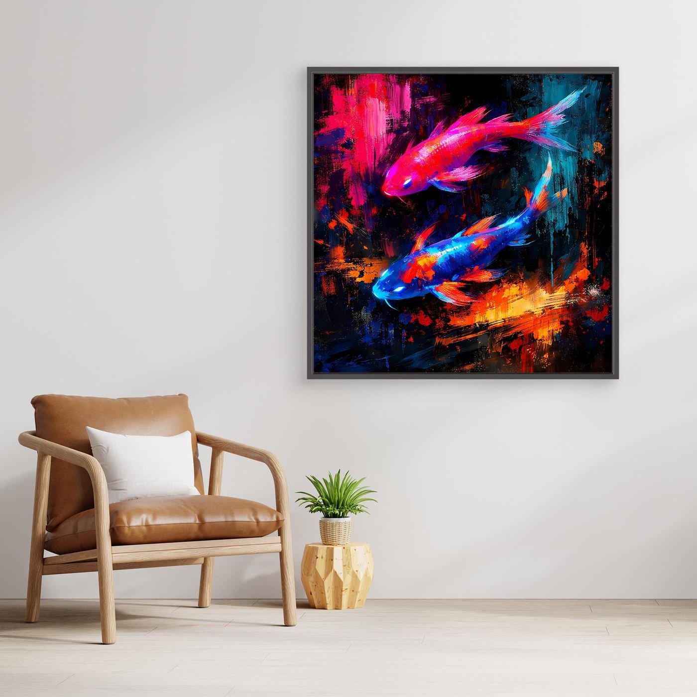 Leinwandbild mit leuchtenden Koi-Fischen, abstraktes Farbdesign in Blau, Pink und Orange, schwarzer Rahmen