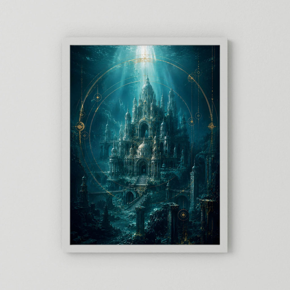 Kunstposter mit weißer Einfassung, Unterwasserstadt in Türkis und Gold, Hochformat