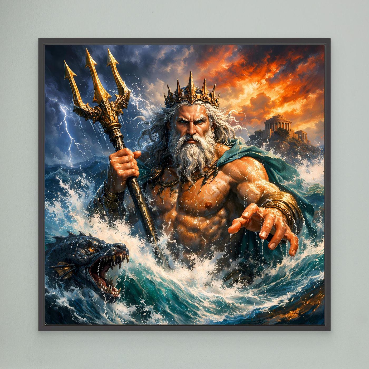 Leinwand Monumentaler Poseidon im Wellenrausch | Mythisches Meeresgott Wandbild