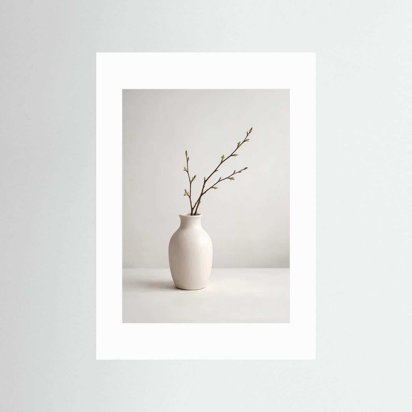 Stillleben-Poster mit cremeweißer Vase und Frühlingszweig, ohne Rahmen