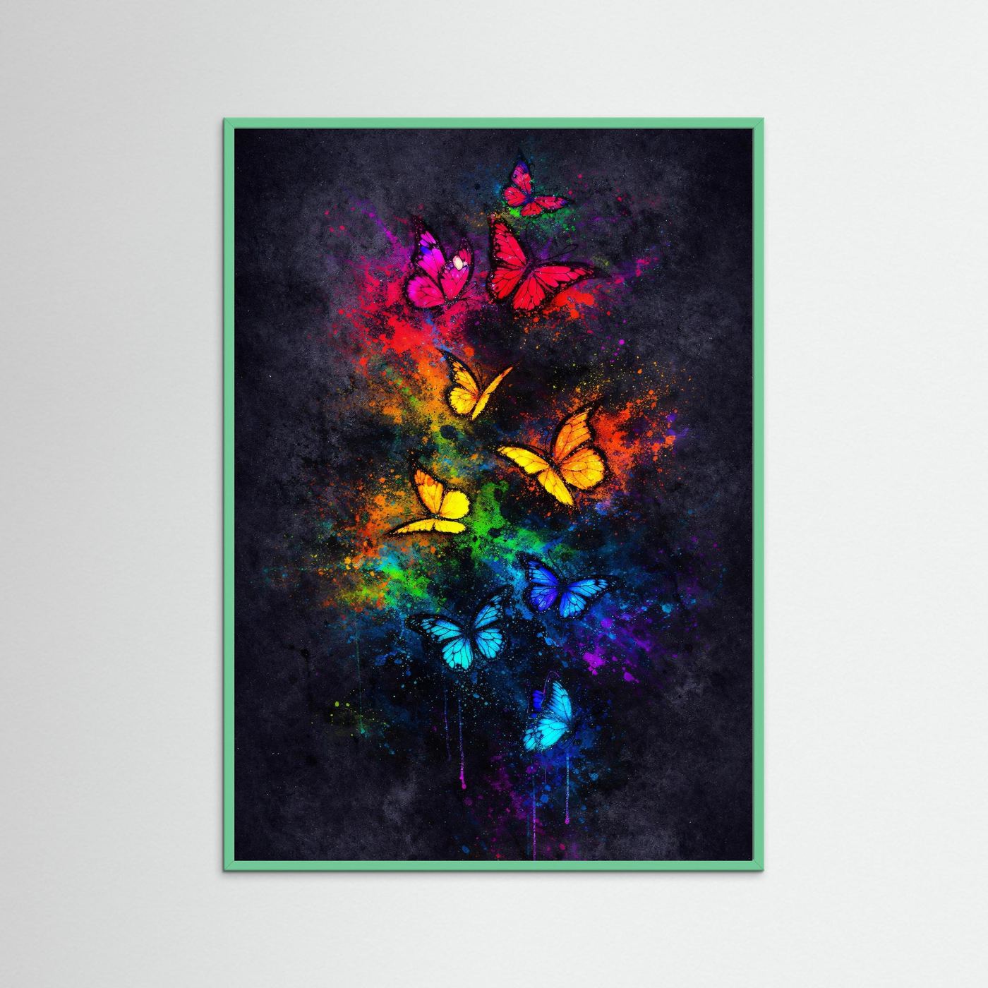 Wandbild mit Schmetterlingen in Regenbogenfarben und grünem Rahmen