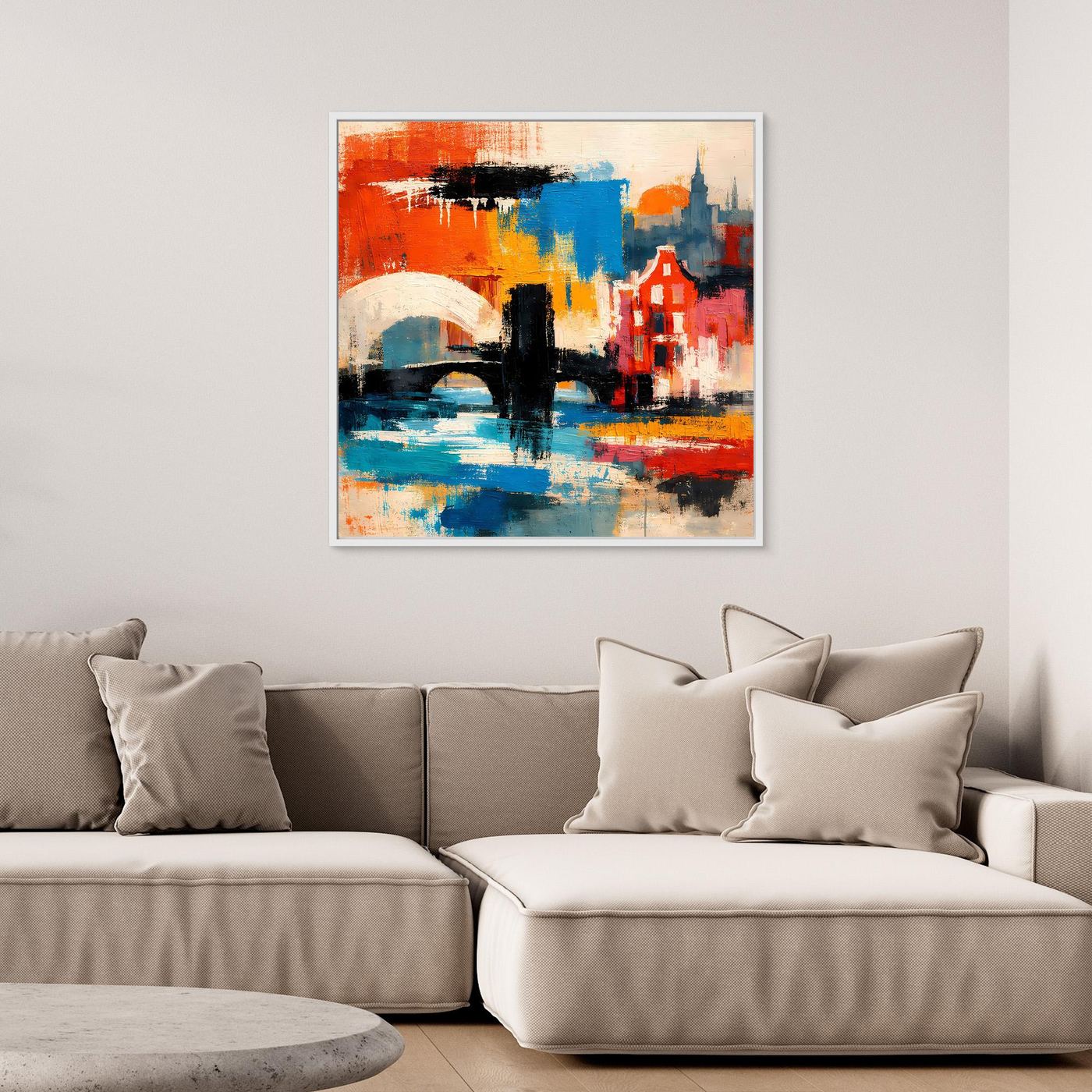 Abstraktes Leinwand-Wandbild mit roten und blauen Stadtmotiven, weißer Rahmen