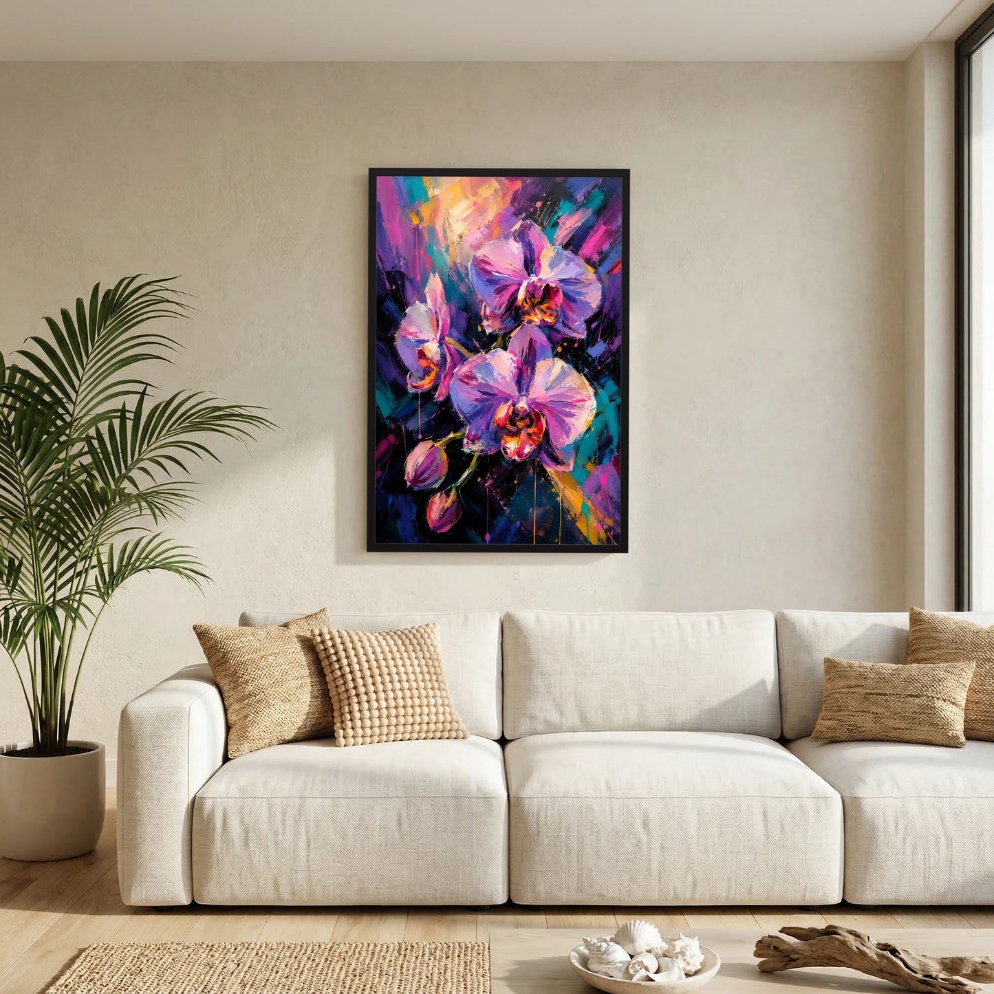 Hochformatiges Poster mit abstrakten Orchideen in Pink und Violett, schwarzer Rahmen