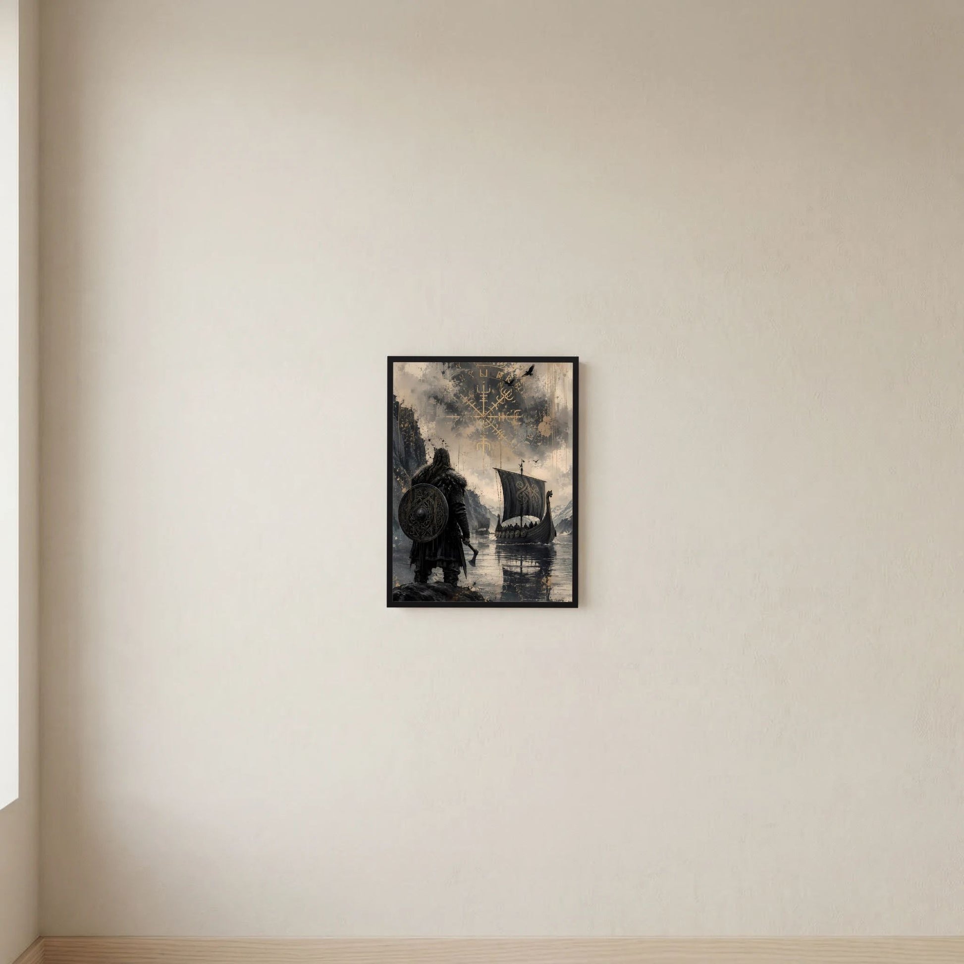 Wikinger-Poster im schwarzen Rahmen: Krieger vor Wasser mit Langschiff und Runen.