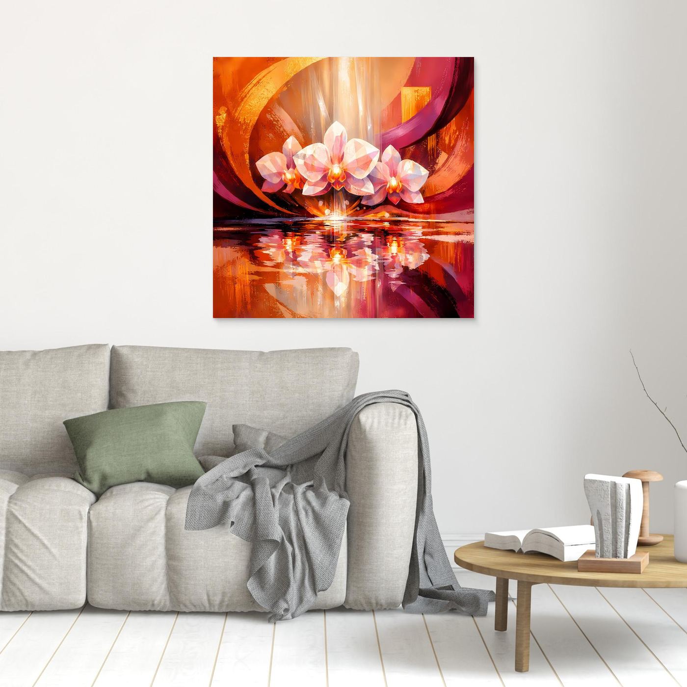 Quadratisches Leinwandbild mit abstrakten Orchideen, orange-violettem Motiv und Spiegelung, braun gerahmt