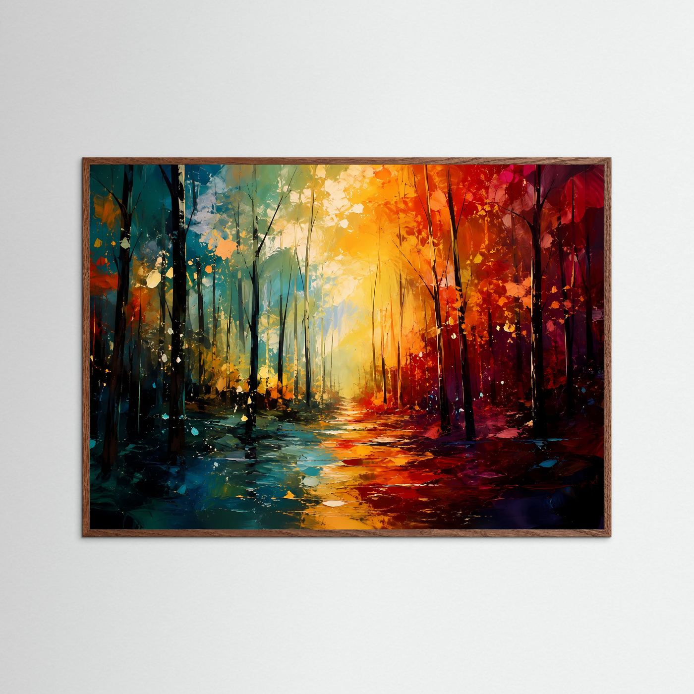 Abstrakter Wald in leuchtenden Farben | Moderne Naturkunst in Petrol, Orange & Rot