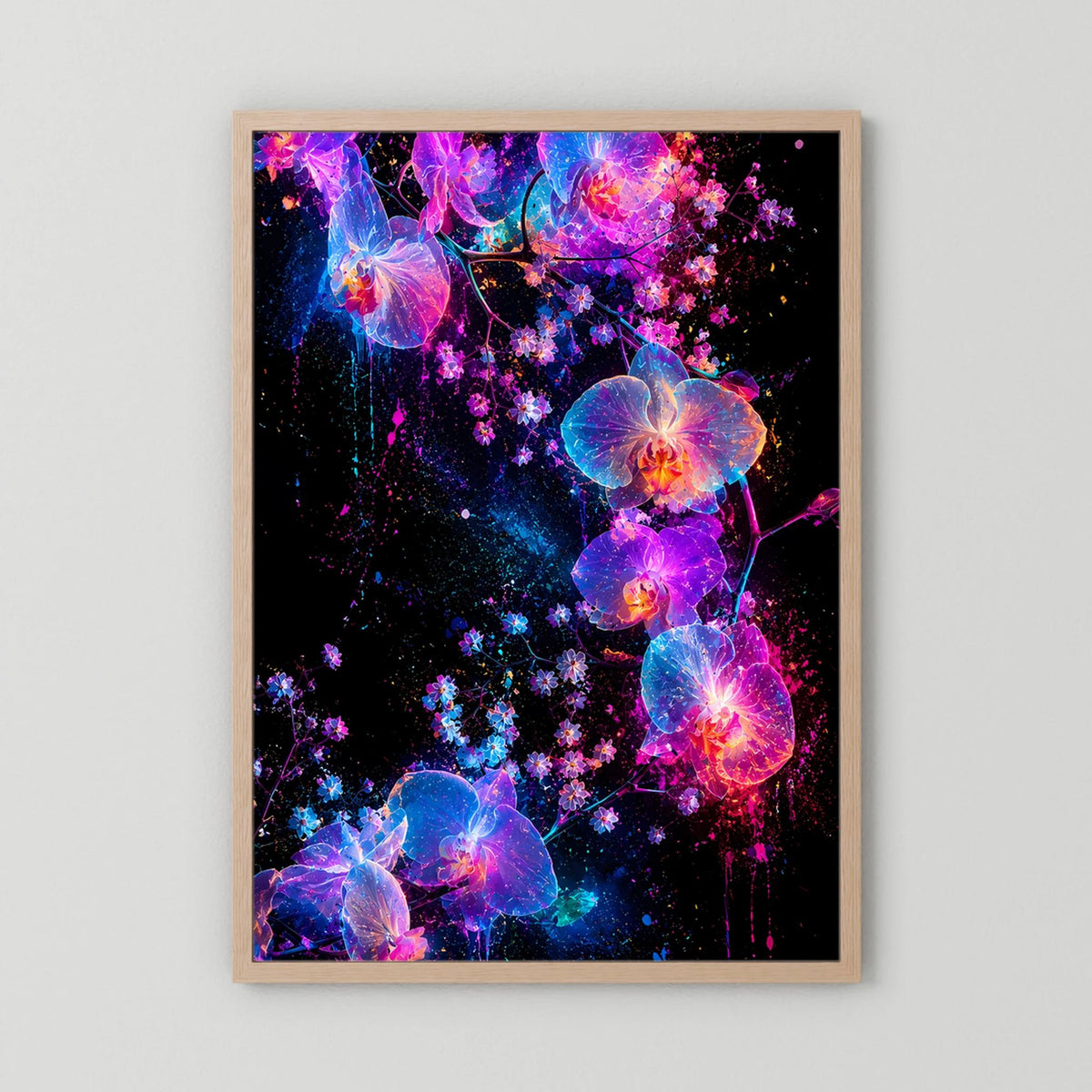 Leuchtendes Orchideen-Kunstposter mit hellem Holzrahmen, Neonorchideen in Blau, Pink und Violett