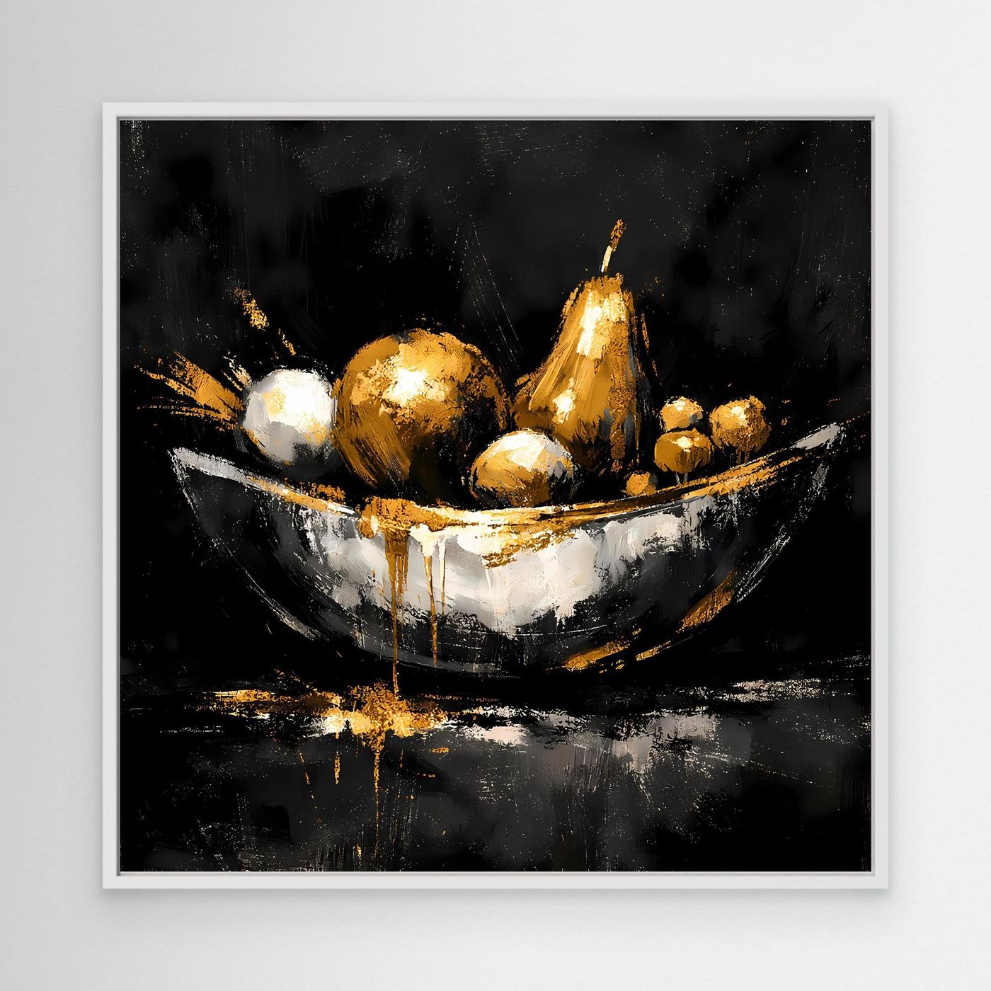 Leinwand Elegante Obstschale in Gold und Silber | Modernes Luxus Stillleben Wandbild