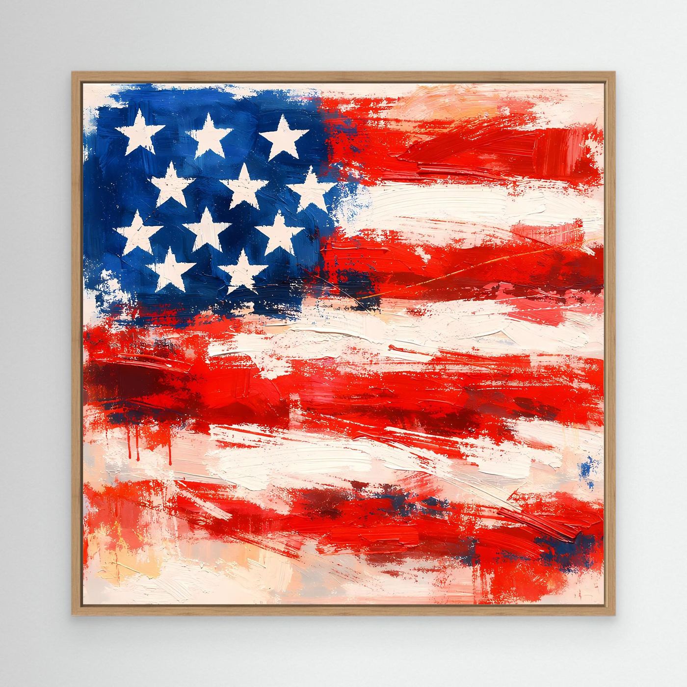 Abstract USA flag canvas wall art, blue stars and red/white brush stripes, oak wood frame
