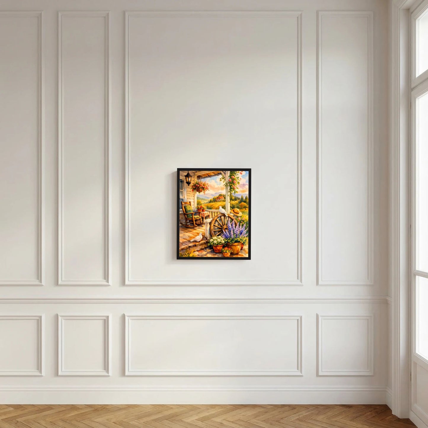 Kunstposter im Hochformat an einer weißen Wandverkleidung mit Blumen und Tauben