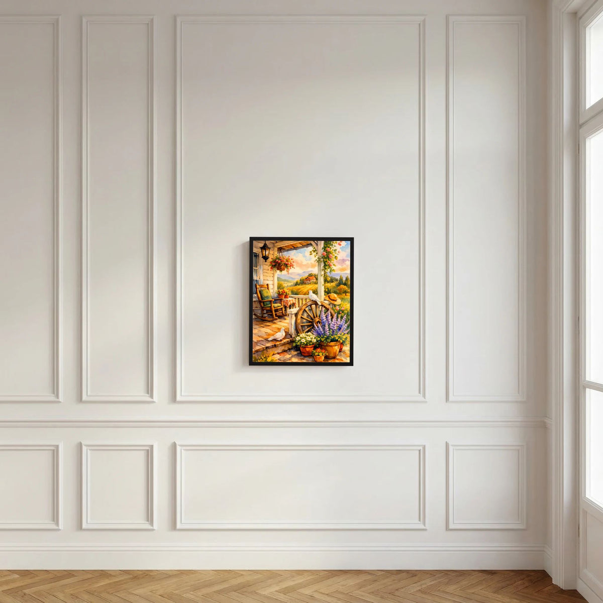 Kunstposter im Hochformat an einer weißen Wandverkleidung mit Blumen und Tauben