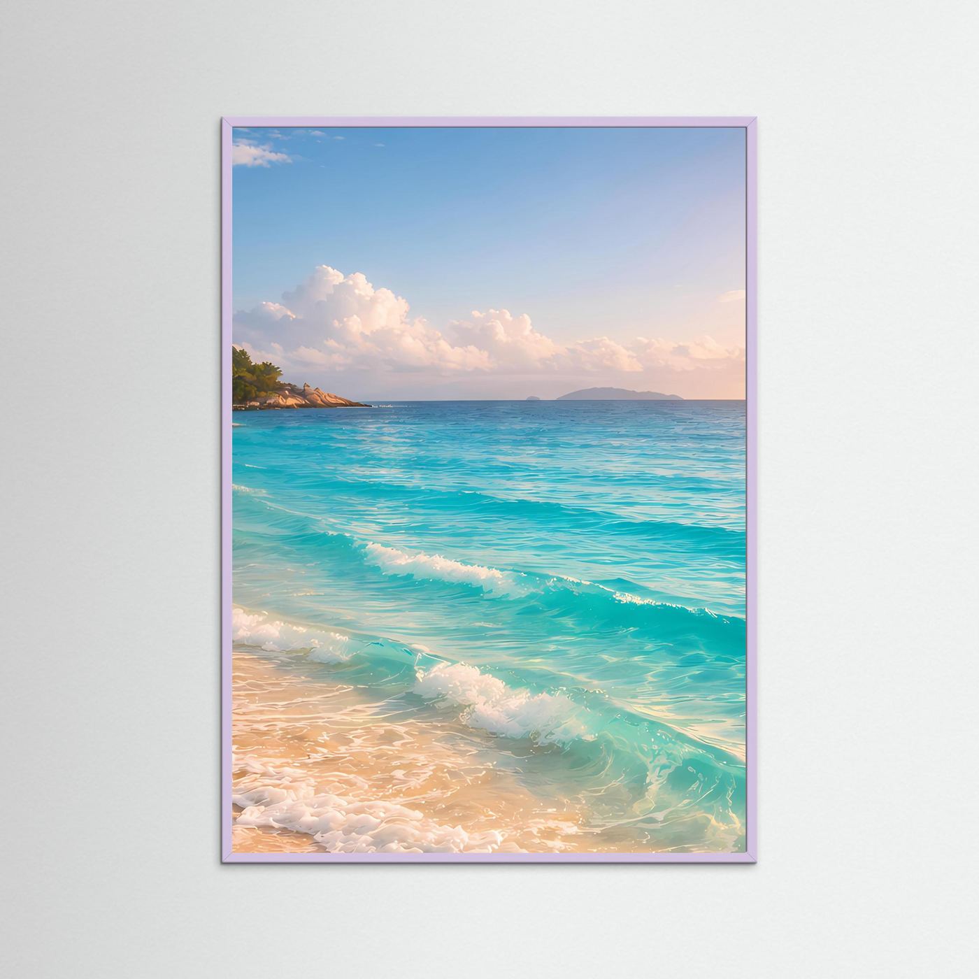 Gerahmtes Poster: tropischer Sandstrand, türkisfarbenes Wasser und Wolken, lila Rahmen