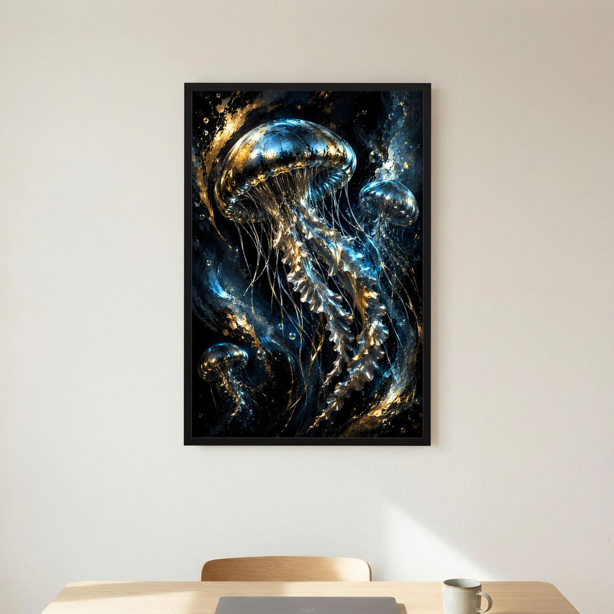 Gerahmtes Poster im Hochformat mit goldenen und blauen Quallen in kontrastreichem Stil