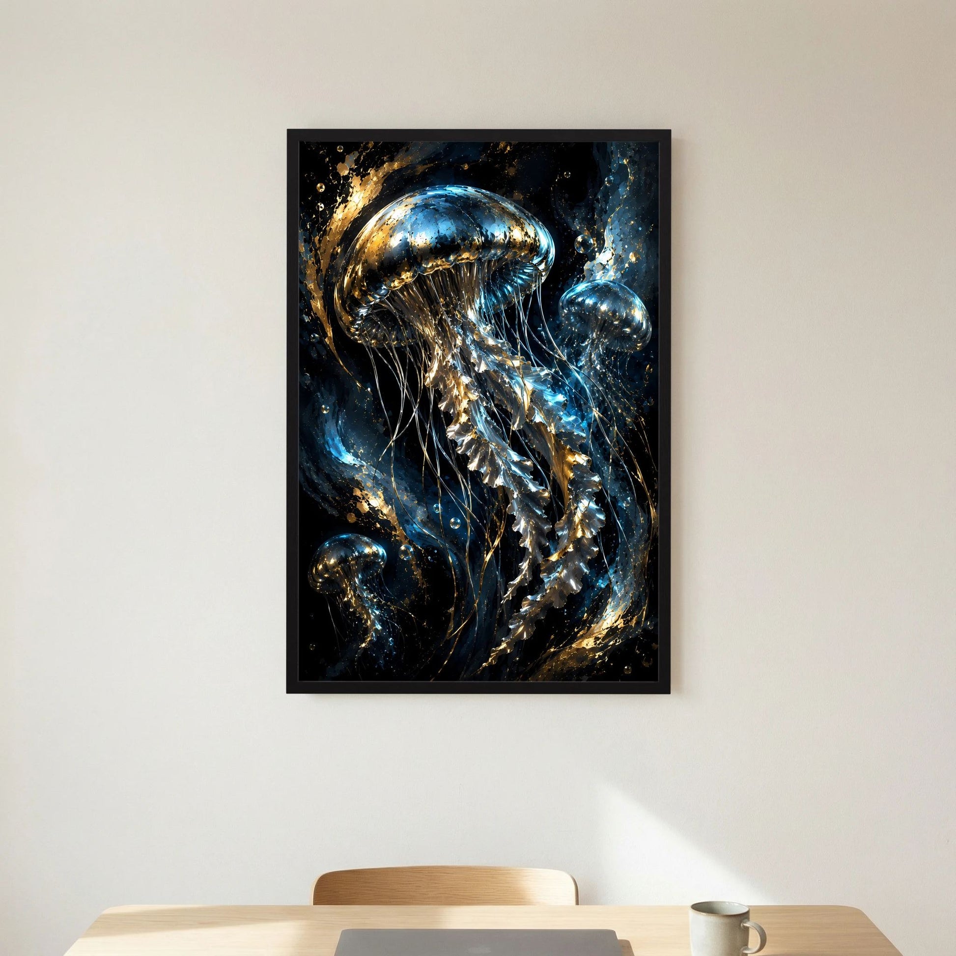 Gerahmtes Poster im Hochformat mit goldenen und blauen Quallen in kontrastreichem Stil