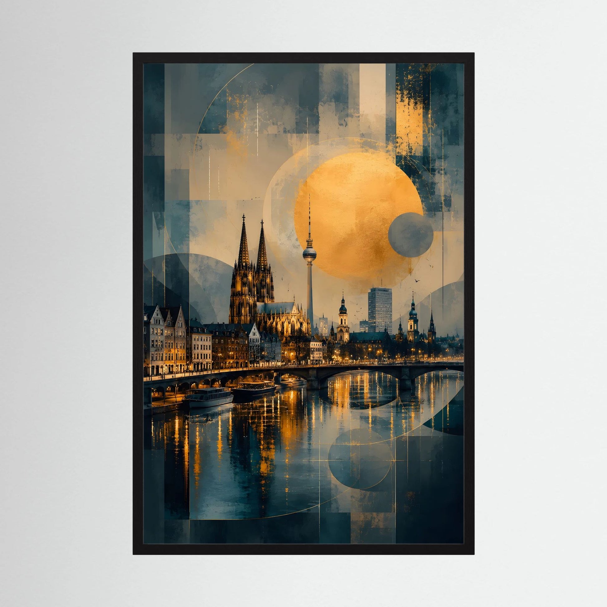 Hochformat-Poster mit abstrakter Köln-Skyline und Gold-Lichtkreis, schwarzer Rahmen