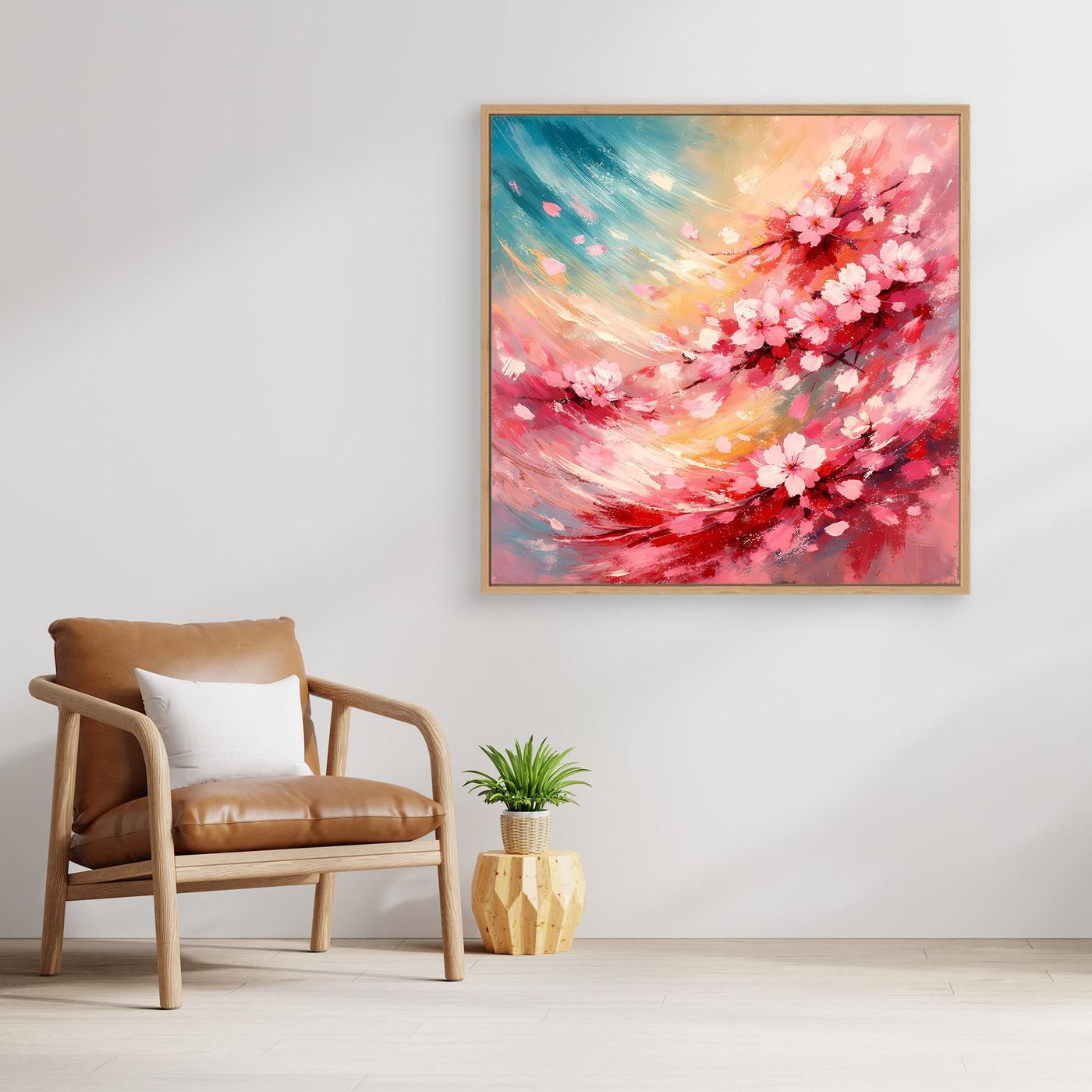 Leinwandbild mit abstrakten Kirschblüten in Rosa und Blau, im hellen Holzrahmen