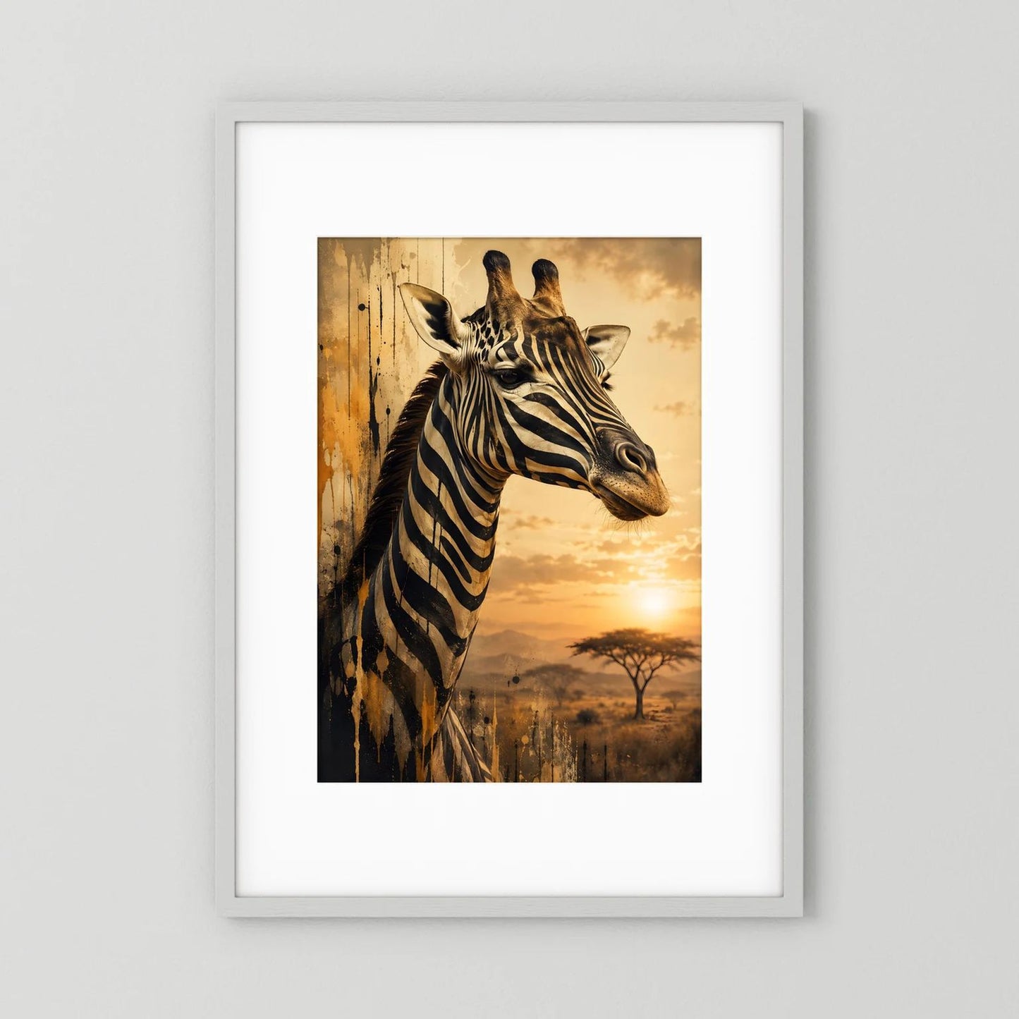 Hochformatiges Tierposter mit Giraffe im Zebra-Look und gestreiftem Fell, Savannenmotiv