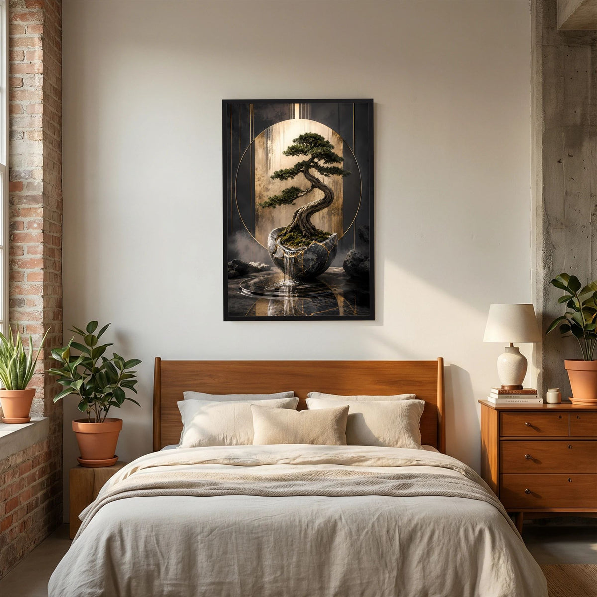 Hochformat-Poster Bonsai im dunklen Topf, schwarz-goldene Grafik, schwarzer Rahmen