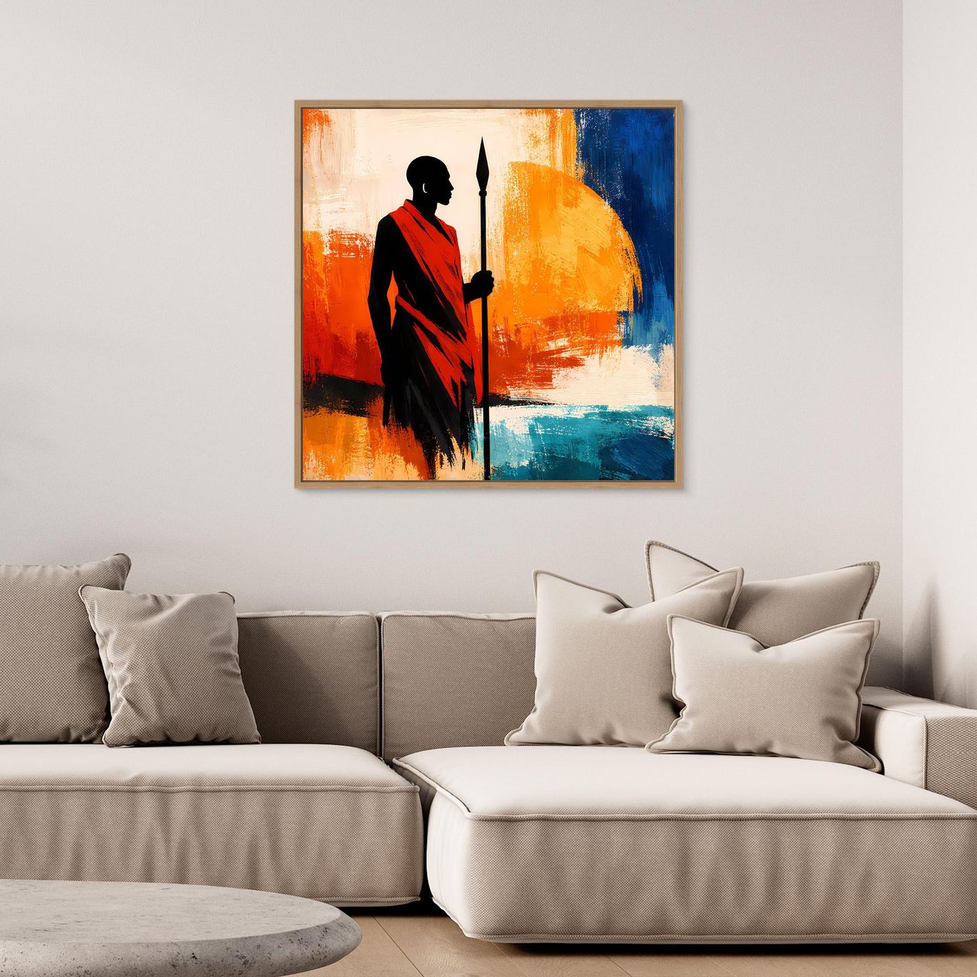 Leinwand Afrikanischer Krieger bei Sonnenuntergang | Modernes Ethno Silhouette Wandbild