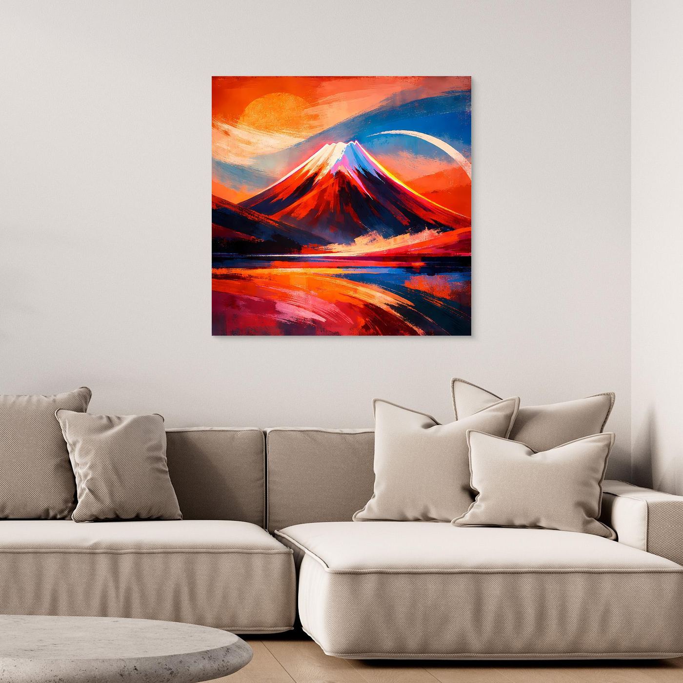 Wandbild aus Leinwand mit abstraktem Berg und Sonnenuntergang in Rot- und Blautönen
