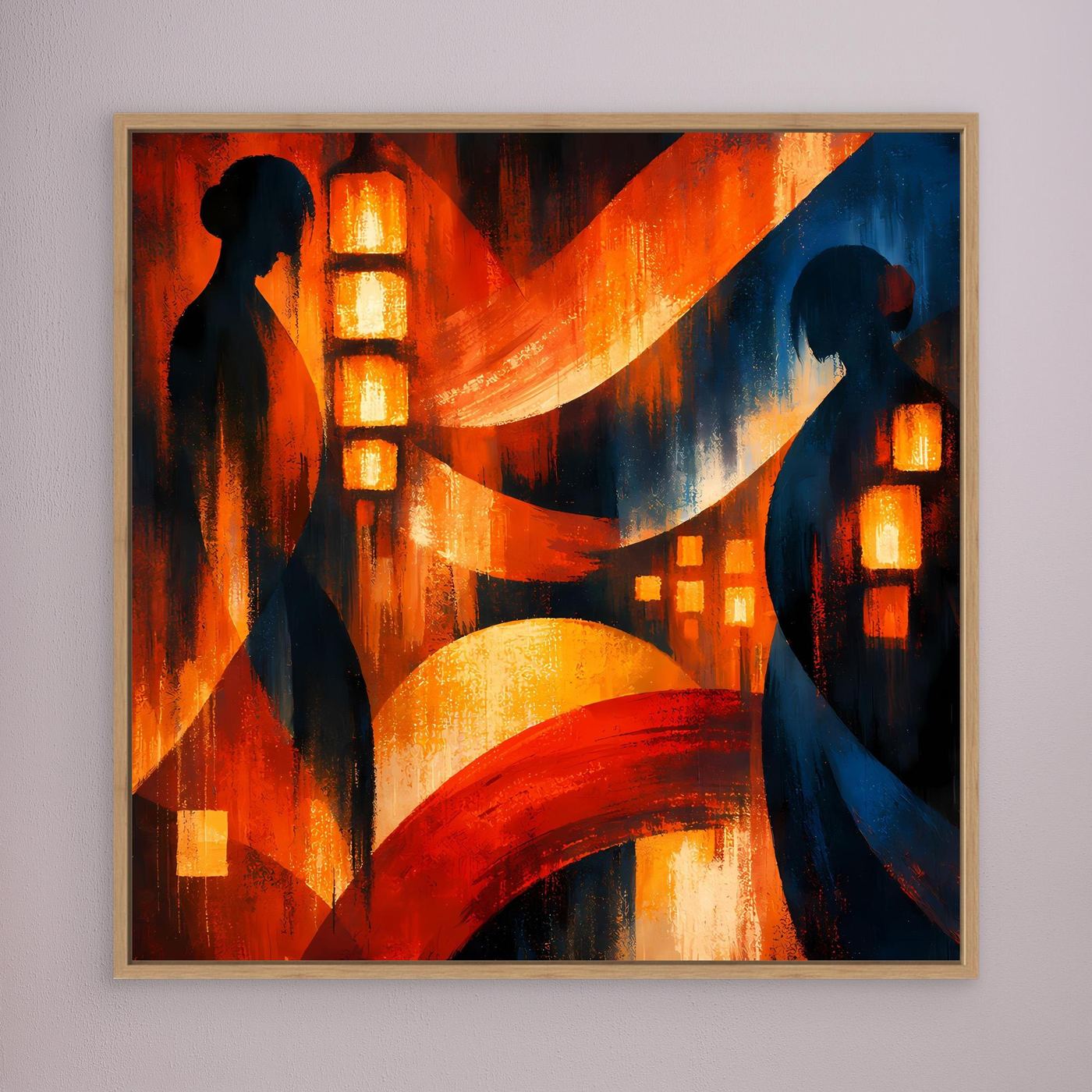 Japanisches Wandbild mit zwei Geishas, langen Laternenketten und roten, blauen Farbbögen.