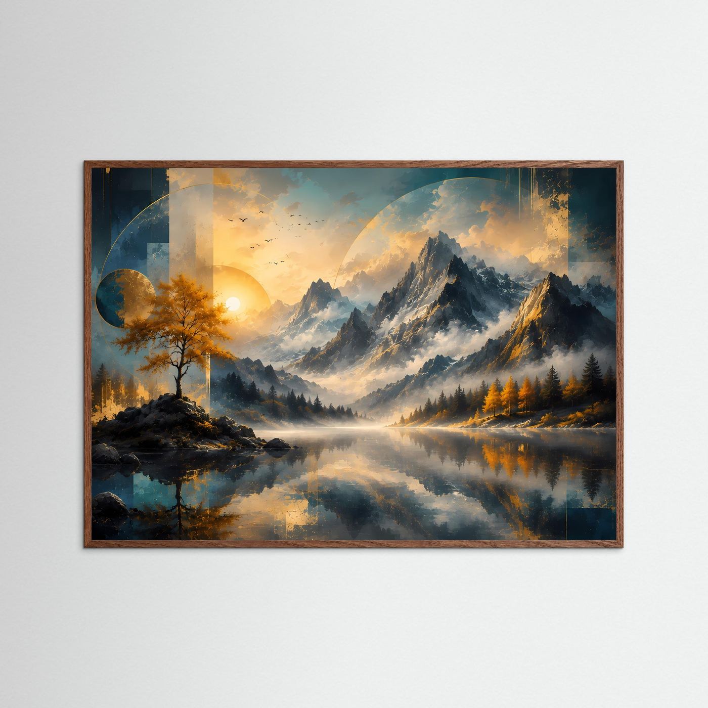 Querformat-Poster mit Bergsee und Herbstbaum, brauner Holzrahmen, spiegelnder See.