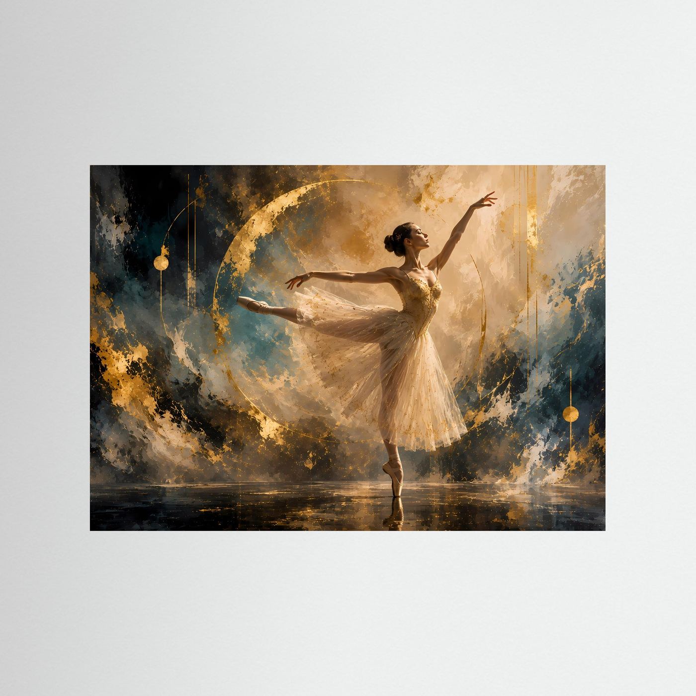 Tanzposter mit Ballerina in goldener Spitze und rundem Lichtkreis, abstrakter Hintergrund