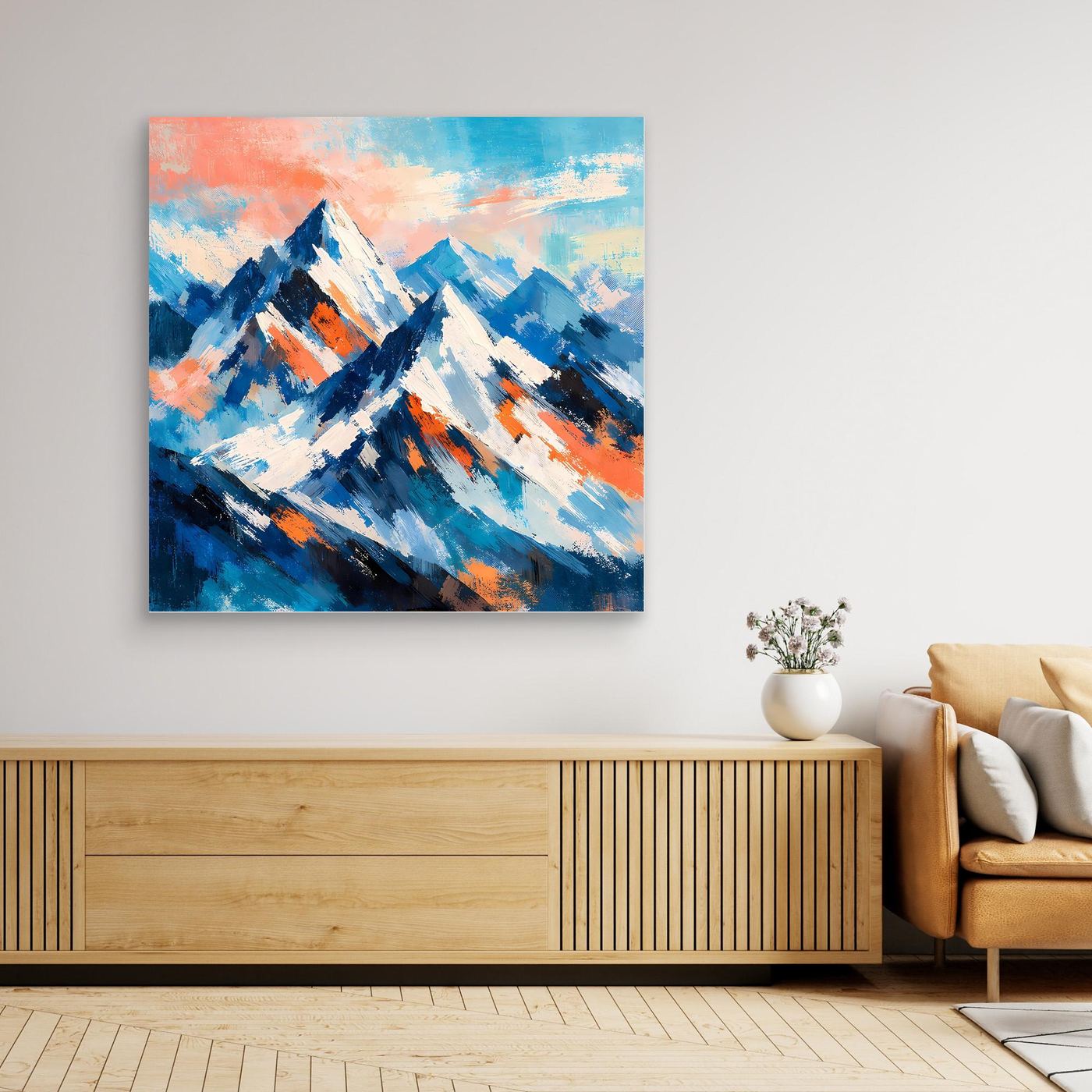 Großes, gerahmtes Leinwand-Wandbild mit impressionistischen Schneebergen in Blau, Weiß und Orange