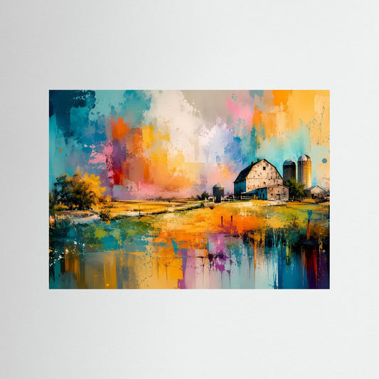 Landschafts-Wandbild in farbiger Aquarelloptik, Haus und Spiegelung im See
