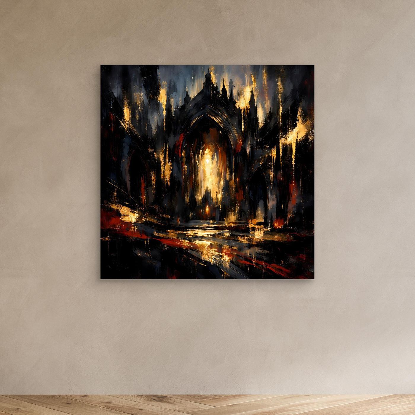 Abstraktes Leinwandbild: gotische Kathedrale, dunkel, goldene Lichtstreifen und Rottöne.