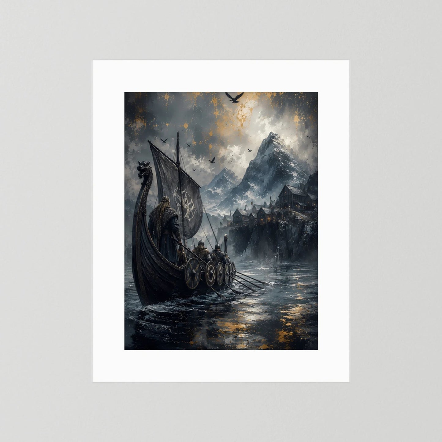 Poster mit weißem Passepartout, schwarzes Langboot vor Bergen, Vögel fliegen im Himmel