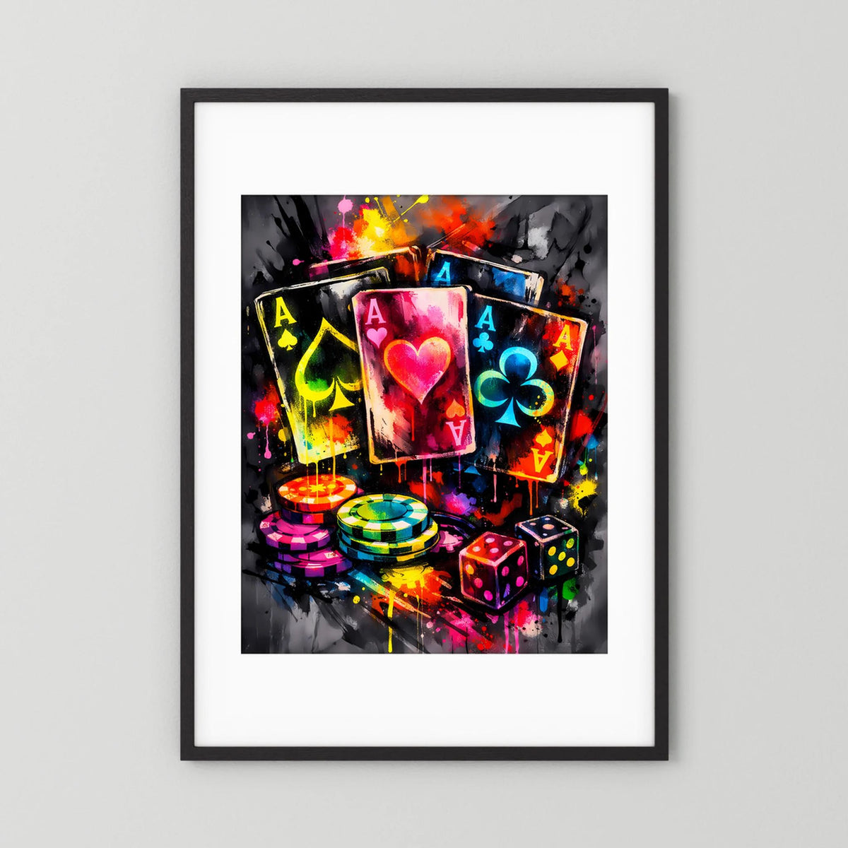 Gerahmtes Poker-Asse-Neon-Poster mit Karten, Chips und Würfeln, schwarzer Rahmen
