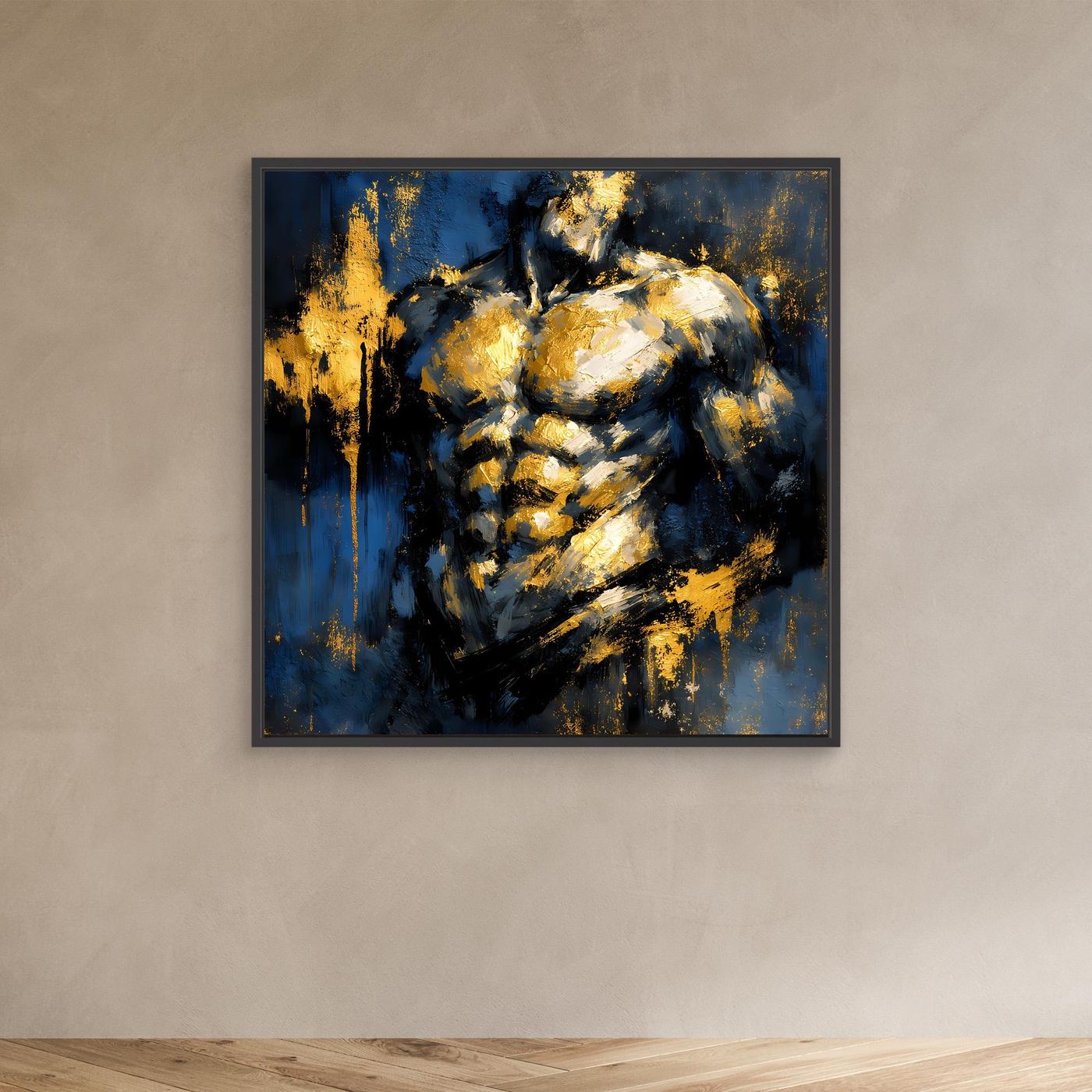 Leinwand Kraftvoller Männlicher Torso in Gold und Blau | Abstraktes Bodybuilding Wandbild