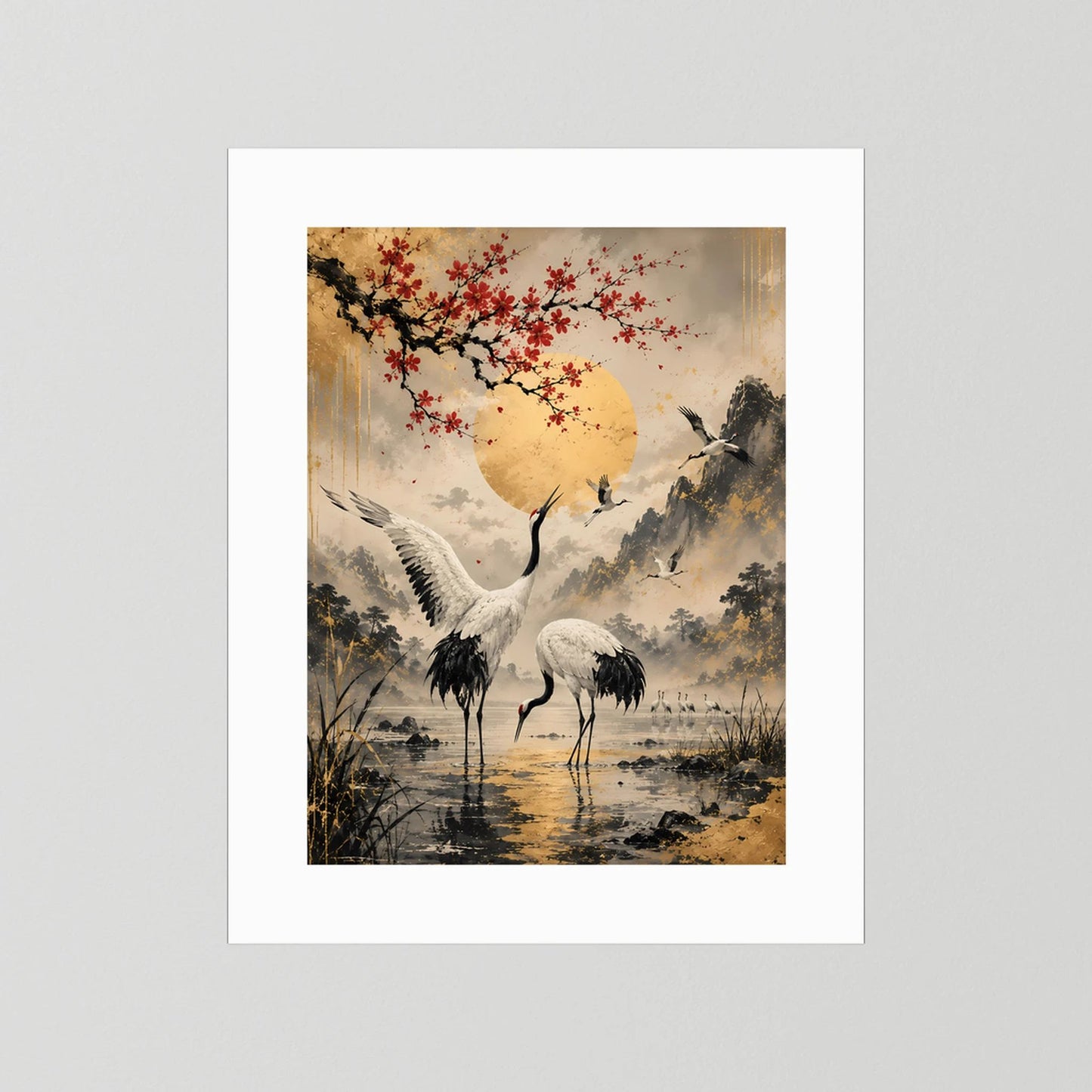 Poster im Hochformat: Kraniche, roter Blütenzweig und goldene Sonne, ohne Rahmen