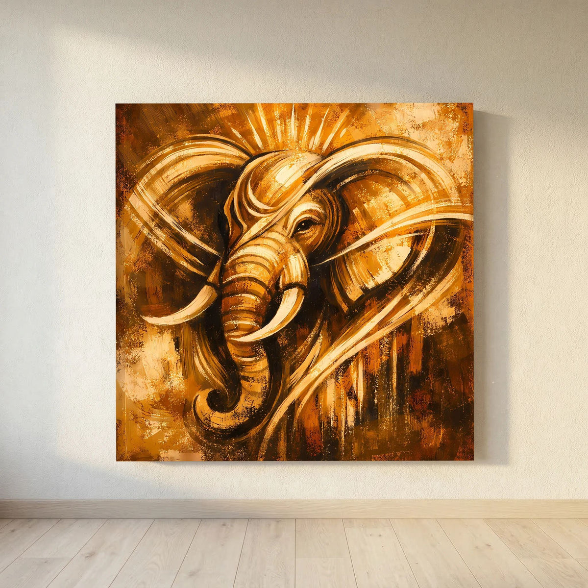 Abstraktes Leinwand-Wandbild: Elefantenkopf im Ganesha-Stil mit goldenen Strahlen im Hintergrund