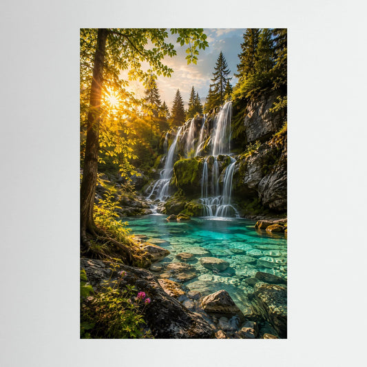 Wasserfall-Poster, türkisfarbenes Wasser im Wald, schwarzer Rahmen, Hochformat