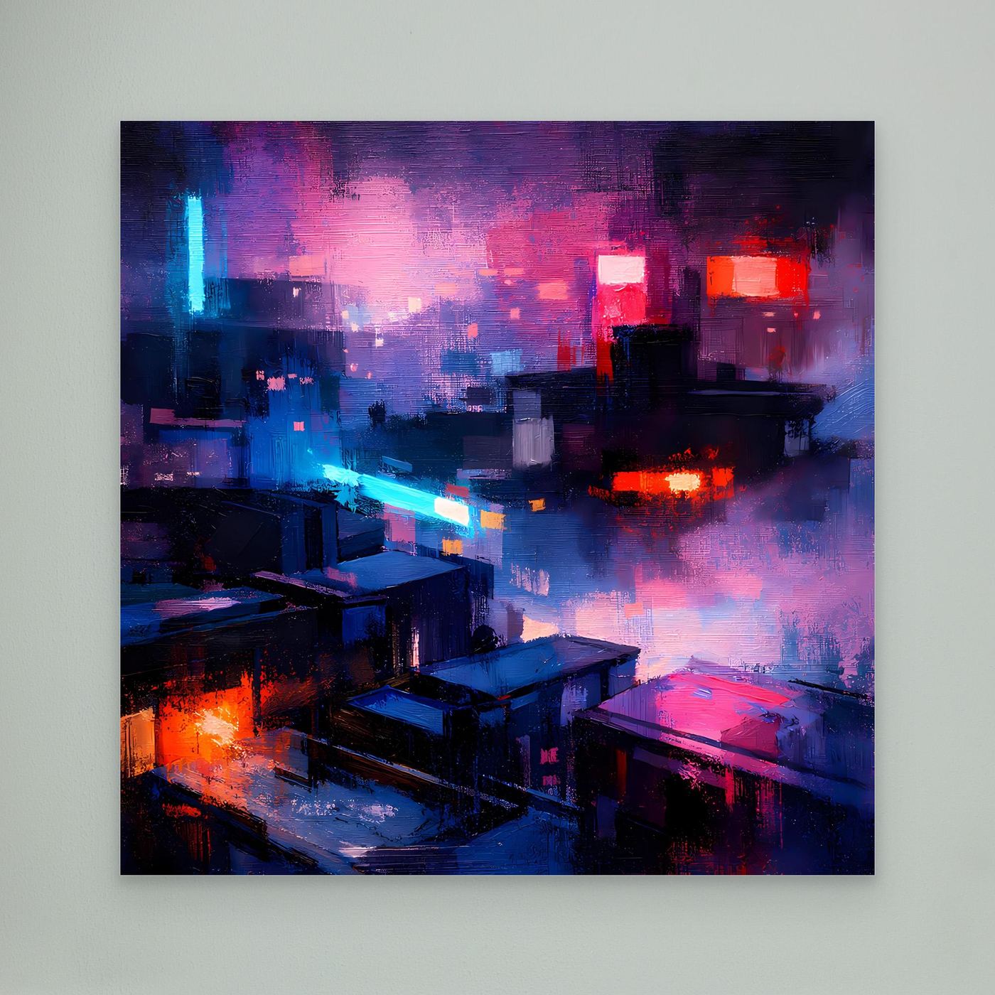 Leinwand Cyberpunk City bei Nacht | Modernes Neon-Dystopie Wandbild auf echter Leinwand