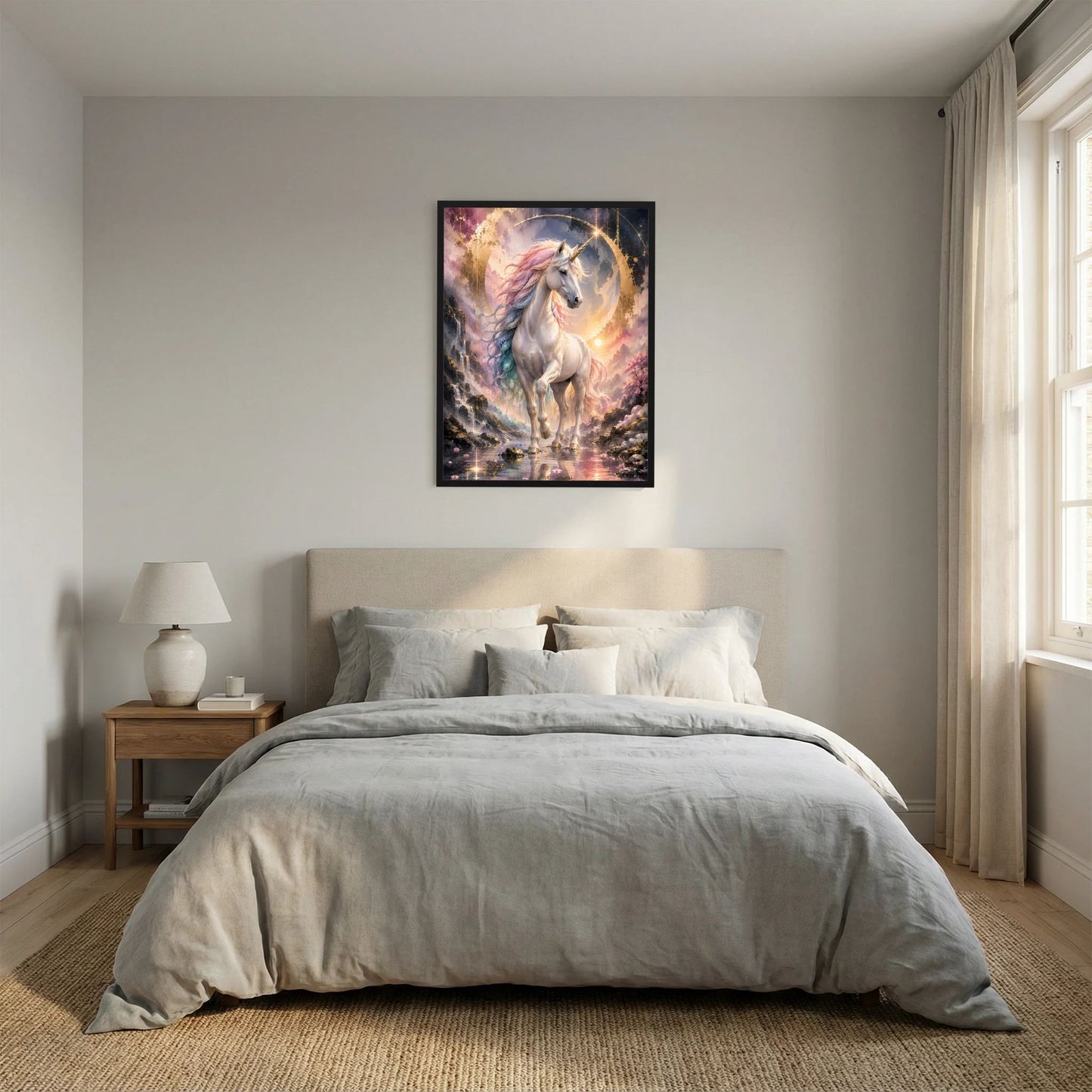 Gerahmtes Hochformat-Poster mit weißem Einhorn, schimmernder Mähne und goldenen Funken